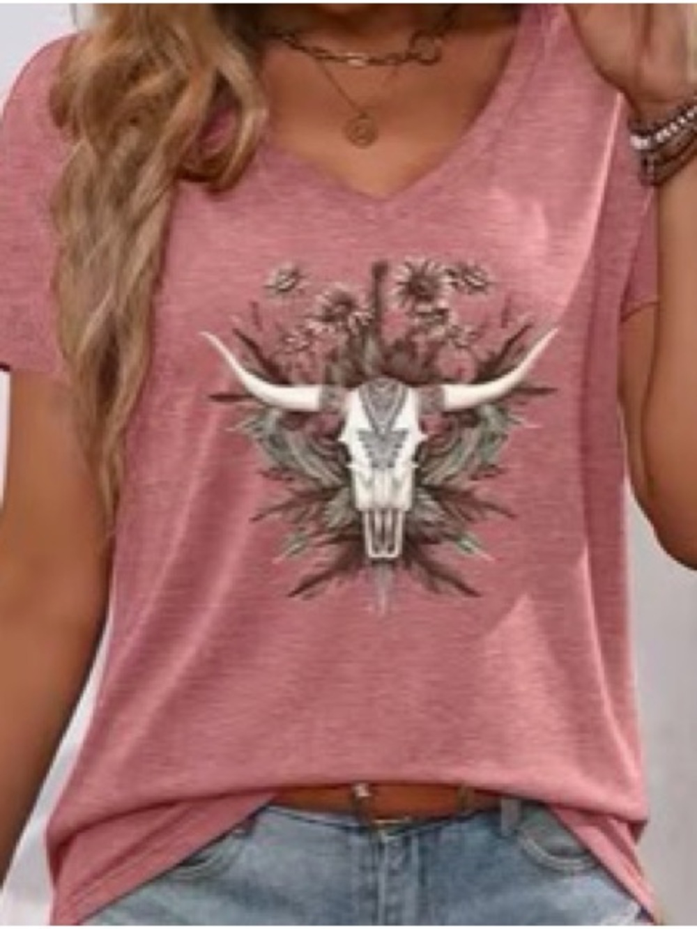 Western Women’s V‑Neck Longhorn Tee - Dusty Rose - Picture 1 of 1